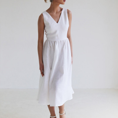 Custom Backless Cross Strap Linen Midi Dress Manufacturer | Linenwind