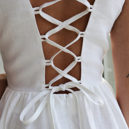 Custom Backless Cross Strap Linen Midi Dress Manufacturer | Linenwind