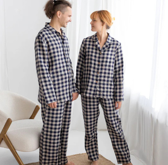 Custom Checked Linen Pajama Set Manufacturer | Linenwind
