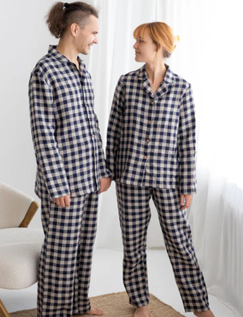 Custom Checked Linen Pajama Set Manufacturer | Linenwind