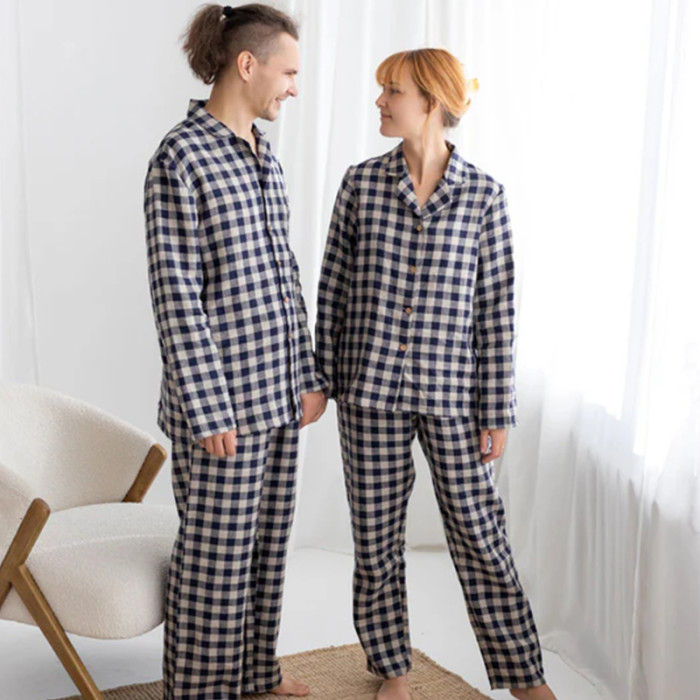 Custom Checked Linen Pajama Set Manufacturer | Linenwind