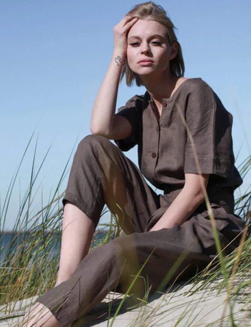Customised Linen Jumpsuit for Women Summer Short Sleeve Romper Manufacturer | Linenwind