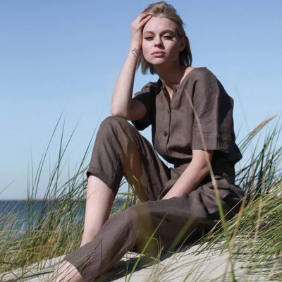 Customised Linen Jumpsuit for Women Summer Short Sleeve Romper Manufacturer | Linenwind