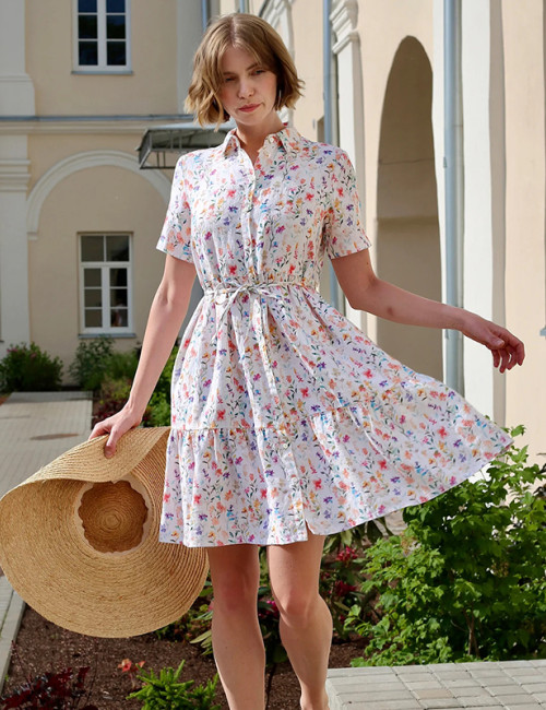 Custom Short Sleeve Tie Drawn Printed Linen Mini Skirt Manufacturer | Linenwind