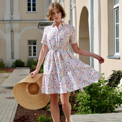 Custom Short Sleeve Tie Drawn Printed Linen Mini Skirt Manufacturer | Linenwind