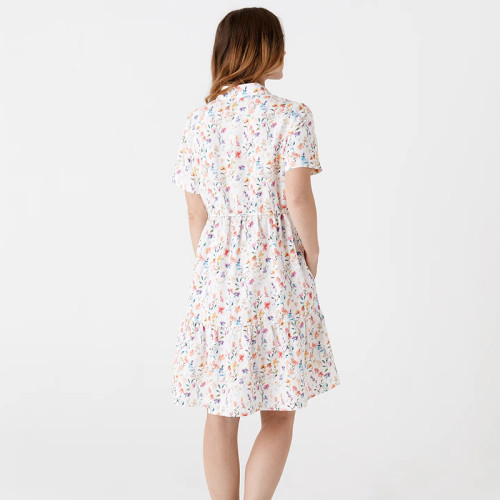 Custom Short Sleeve Tie Drawn Printed Linen Mini Skirt Manufacturer | Linenwind