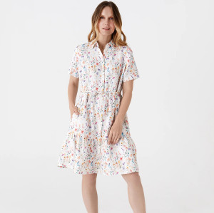 Custom Short Sleeve Tie Drawn Printed Linen Mini Skirt Manufacturer | Linenwind