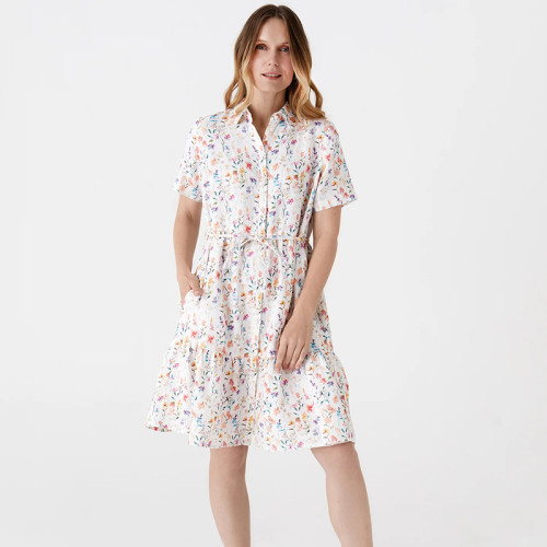Custom Short Sleeve Tie Drawn Printed Linen Mini Skirt Manufacturer | Linenwind