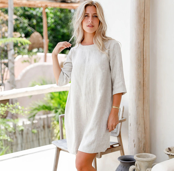 Custom Short Sleeve Tie Drawn Printed Linen Mini Skirt Manufacturer | Linenwind