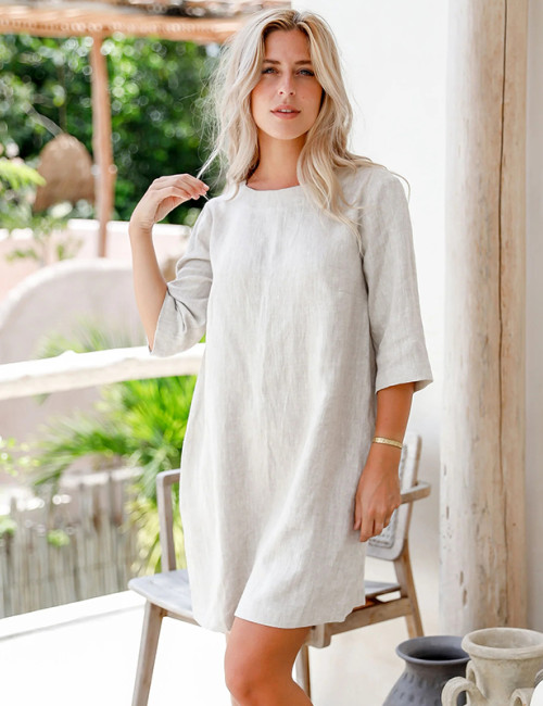 Custom Short Sleeve Tie Drawn Printed Linen Mini Skirt Manufacturer | Linenwind
