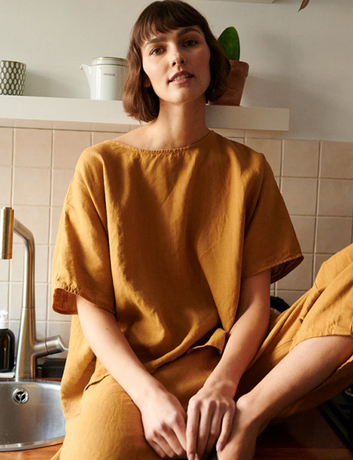 Custom Ladies Loose Short Sleeve Linen Top Manufacturer | Linenwind