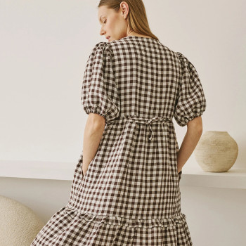 Custom Brown and White Check Puff Sleeve Linen Dress Manufacturer | Linenwind