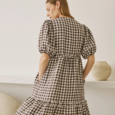 Custom Brown and White Check Puff Sleeve Linen Dress Manufacturer | Linenwind