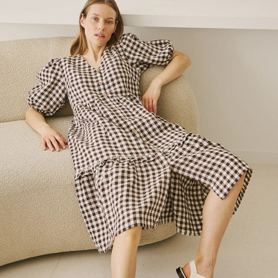 Custom Brown and White Check Puff Sleeve Linen Dress Manufacturer | Linenwind