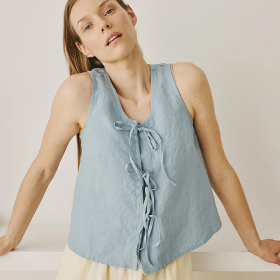 Light Blue Linen Tie-Front Tank Top – Ready-to-Ship Summer Style