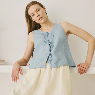 Light Blue Linen Tie-Front Tank Top – Ready-to-Ship Summer Style