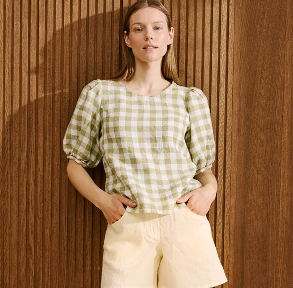 Custom Women's Green Plaid Puff Sleeve Linen Top Manufacturer | Linenwind
