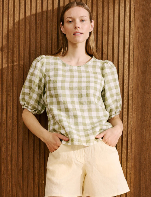 Custom Women's Green Plaid Puff Sleeve Linen Top Manufacturer | Linenwind