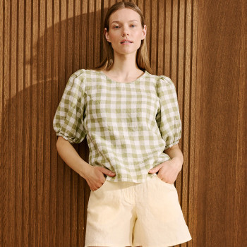 Custom Women's Green Plaid Puff Sleeve Linen Top Manufacturer | Linenwind