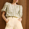 Custom Women's Green Plaid Puff Sleeve Linen Top Manufacturer | Linenwind