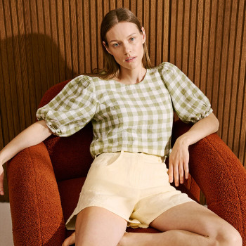 Custom Women's Green Plaid Puff Sleeve Linen Top Manufacturer | Linenwind
