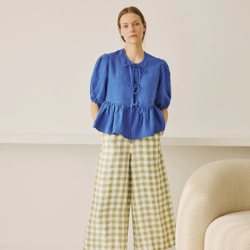 Custom Women's Puff Sleeve Pleated Lace Up Linen Blouse Manufacturer | Linenwind