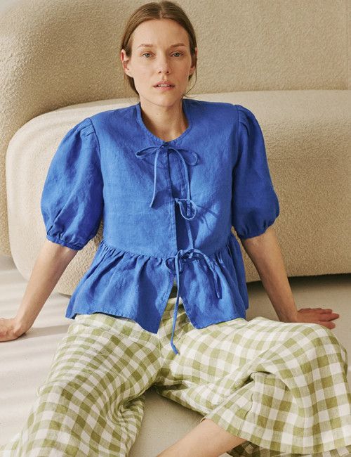 Custom Women's Puff Sleeve Pleated Lace Up Linen Shirt Manufacturers | Linenwind