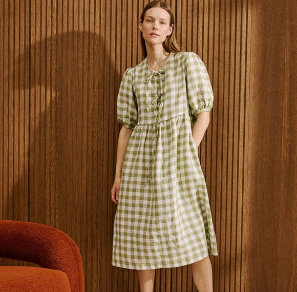 Custom Women's Bow Tie Check Linen Dress Manufacturer | Linenwind