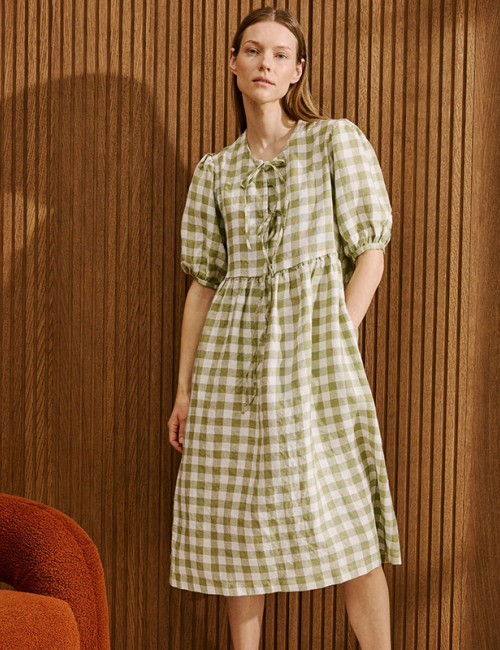 Custom Women's Bow Tie Check Linen Dress Manufacturer | Linenwind