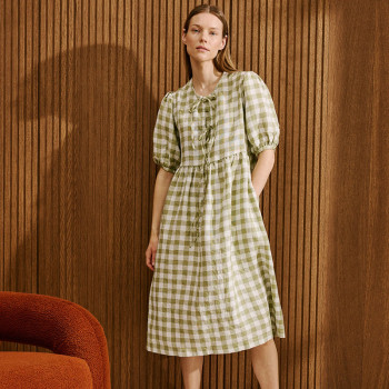 Custom Women's Bow Tie Check Linen Dress Manufacturer | Linenwind