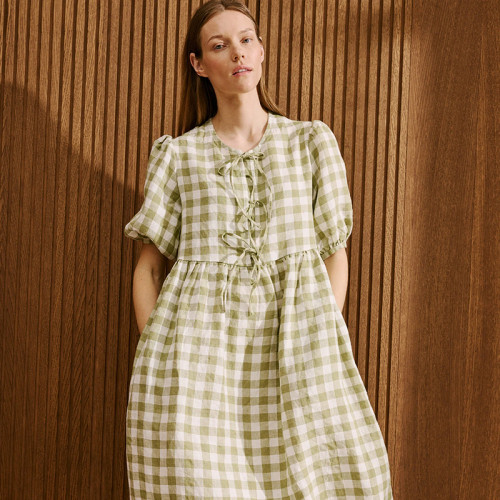 Custom Women's Bow Tie Check Linen Dress Manufacturer | Linenwind