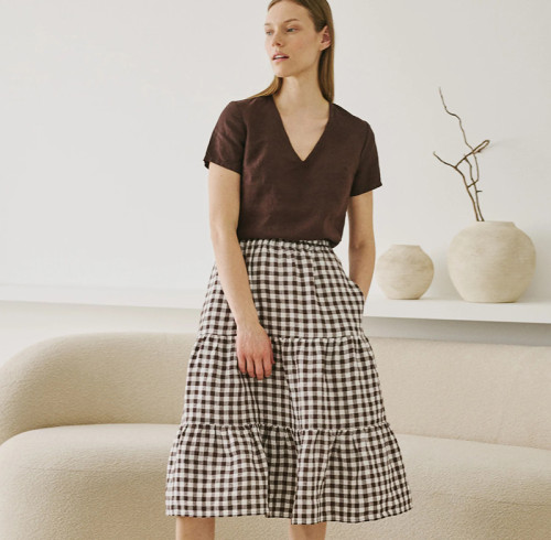 Custom Women's Layered Check Linen Skirt Manufacturer | Linenwind