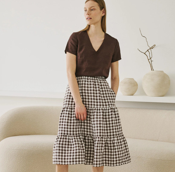 Custom Women's Layered Check Linen Skirt Manufacturers| Linenwind