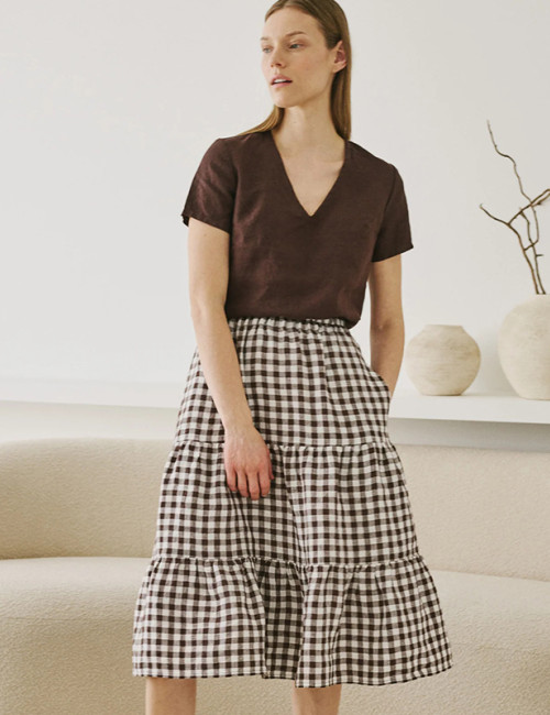 Custom Women's Layered Check Linen Skirt Manufacturers| Linenwind