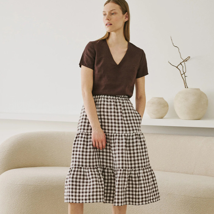 Custom Women's Layered Check Linen Skirt Manufacturers| Linenwind