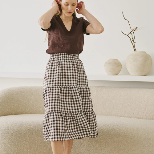 Custom Women's Layered Check Linen Skirt Manufacturers| Linenwind