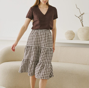Custom Women's Layered Check Linen Skirt Manufacturers| Linenwind