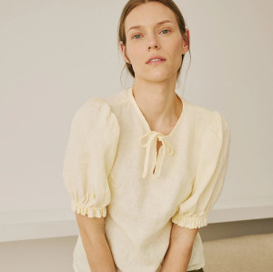 Custom Women's Light Cream Puff Sleeve Linen Top Manufacturer | Linenwind