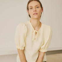 Custom Women's Light Cream Puff Sleeve Linen Top Manufacturer | Linenwind
