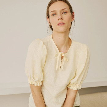 Custom Women's Light Cream Puff Sleeve Linen Top Manufacturer | Linenwind