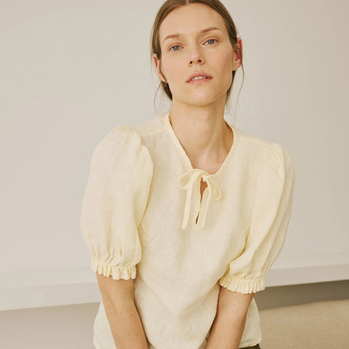Custom Women's Light Cream Puff Sleeve Linen Top Manufacturer | Linenwind