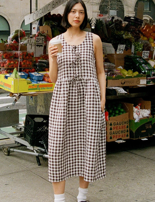 Custom Women's Brown Plaid Sleeveless Linen Dress Manufacturer | Linenwind