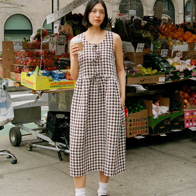 Custom Women's Brown Plaid Sleeveless Linen Dress Manufacturer | Linenwind