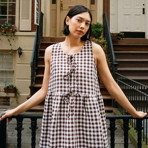 Custom Women's Brown Plaid Sleeveless Linen Dress Manufacturer | Linenwind