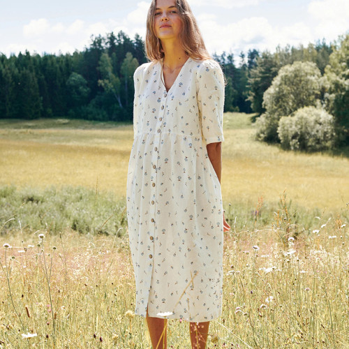 Custom Women's Floral Button Long Linen Dress Manufacturer | Linenwind