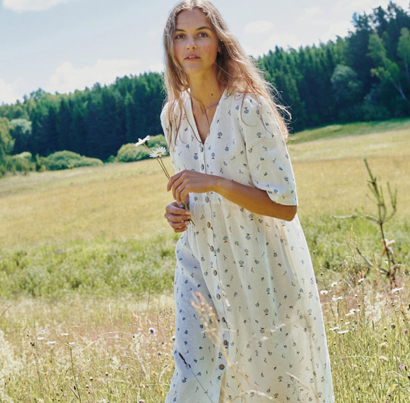 Custom Women's Floral Button Long Linen Dress Manufacturer | Linenwind
