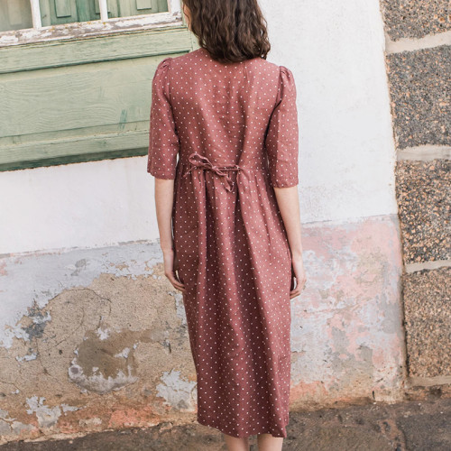 Custom Women's Polka Dot V-Neck Button Linen Dress Manufacturer | Linenwind