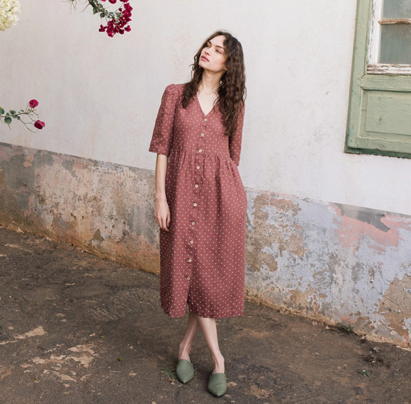 Custom Women's Polka Dot V-Neck Button Linen Dress Manufacturer | Linenwind