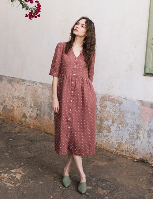 Custom Women's Polka Dot V-Neck Button Linen Dress Manufacturer | Linenwind