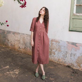 Custom Women's Polka Dot V-Neck Button Linen Dress Manufacturer | Linenwind